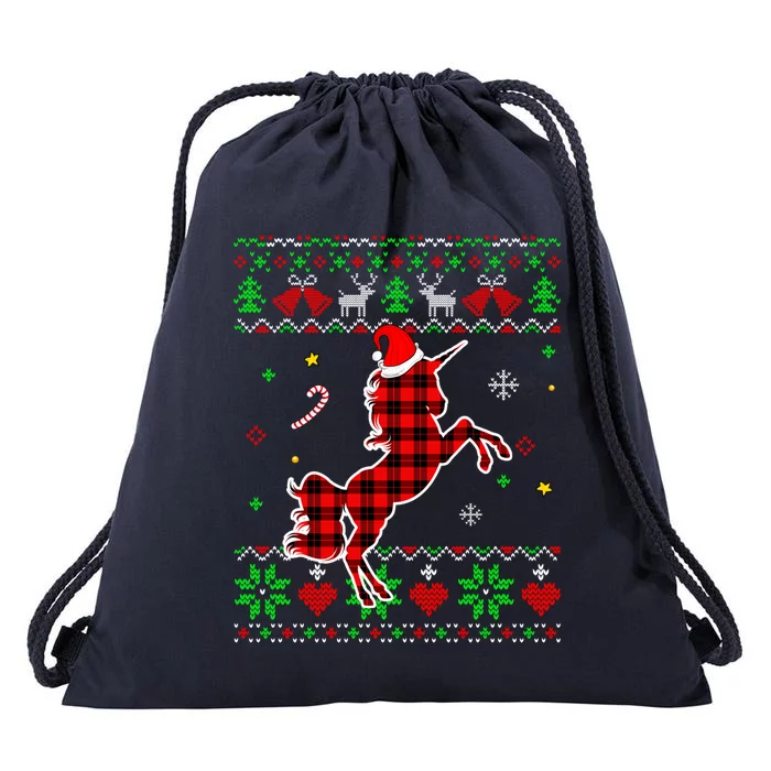 Red Plaid Ugly Sweater Christmas Animals Unicorn Lover Gift Drawstring Bag