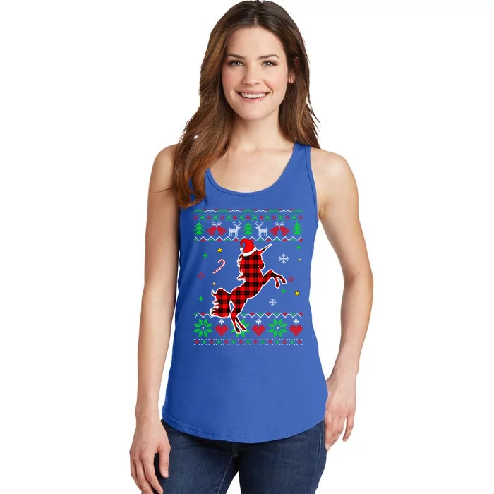 Red Plaid Ugly Sweater Christmas Animals Unicorn Lover Gift Ladies Essential Tank