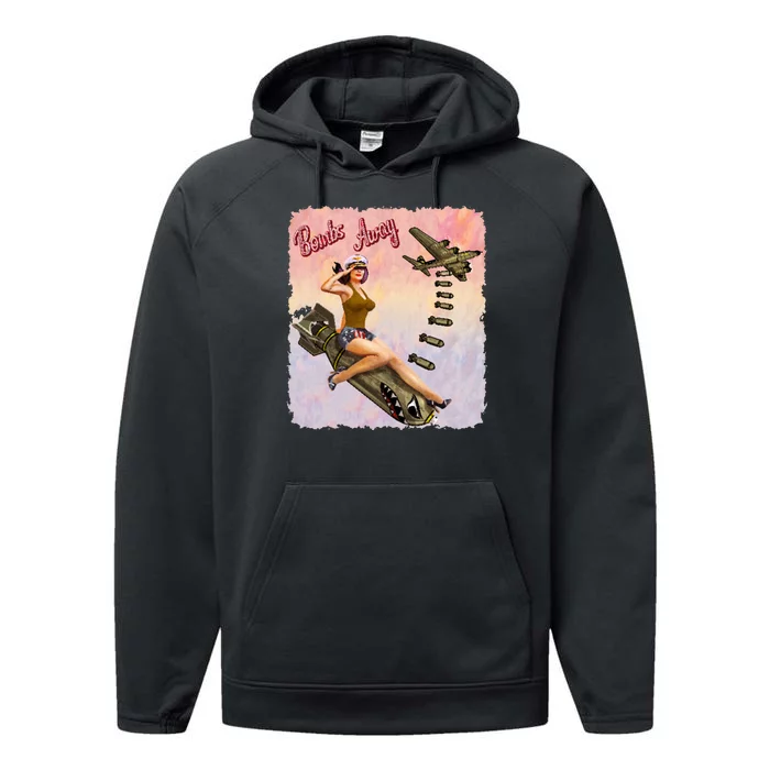 Retro Pin Up Girl Bombs Away Retro Performance Fleece Hoodie