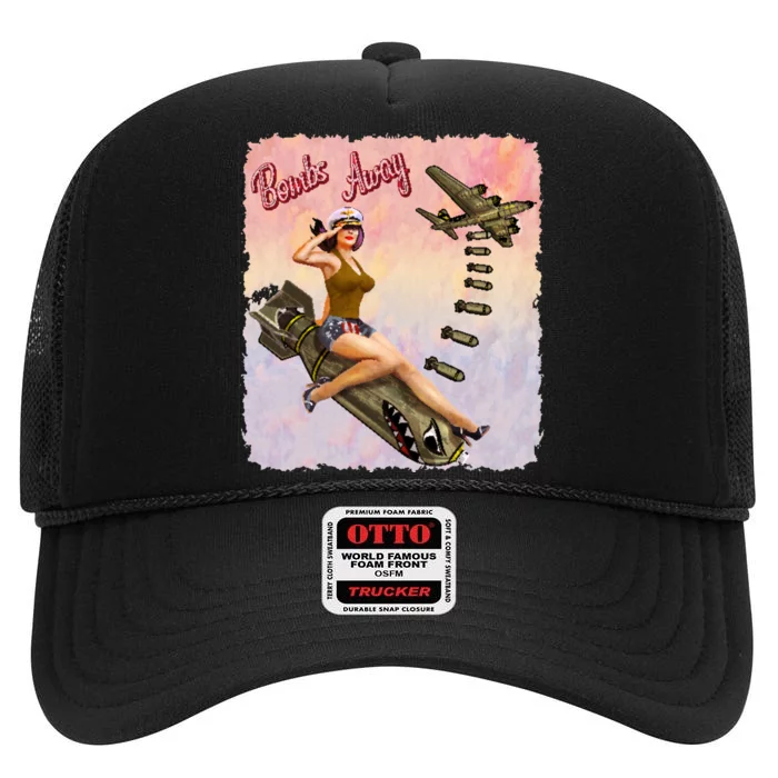 Retro Pin Up Girl Bombs Away Retro High Crown Mesh Trucker Hat