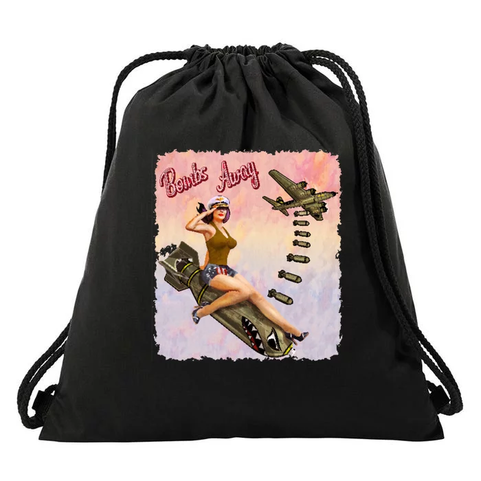 Retro Pin Up Girl Bombs Away Retro Drawstring Bag