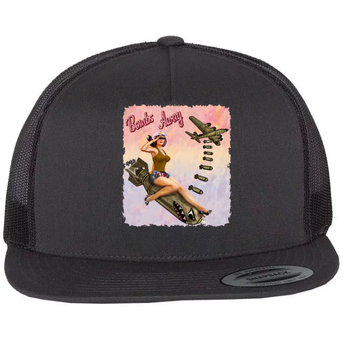 Retro Pin Up Girl Bombs Away Retro Flat Bill Trucker Hat