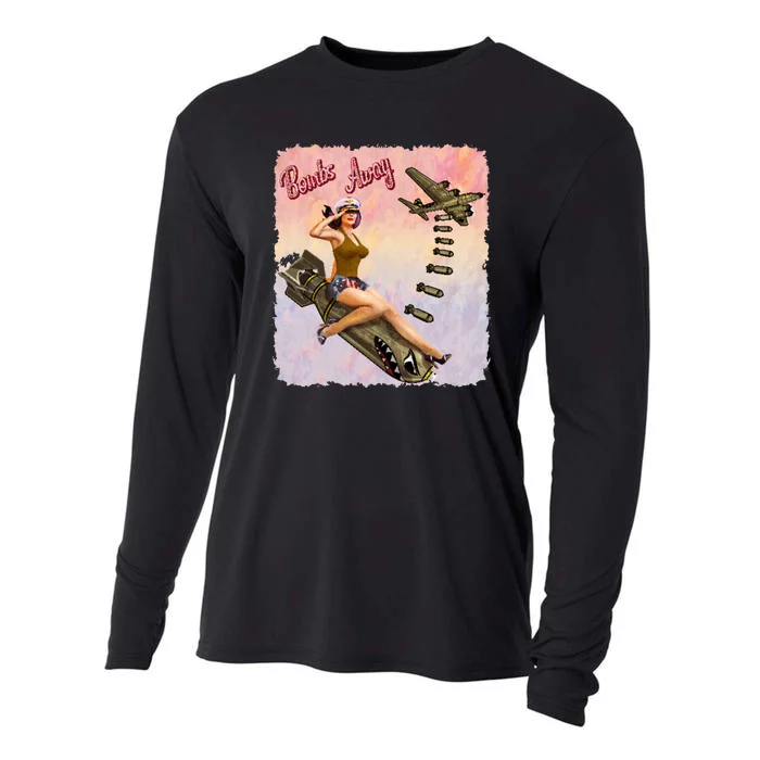 Retro Pin Up Girl Bombs Away Retro Cooling Performance Long Sleeve Crew