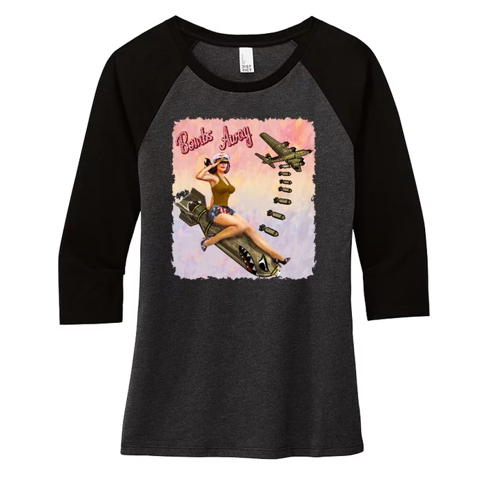 Retro Pin Up Girl Bombs Away Retro Women's Tri-Blend 3/4-Sleeve Raglan Shirt