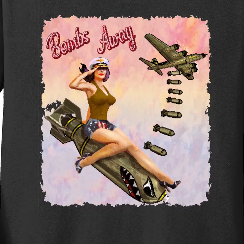 Retro Pin Up Girl Bombs Away Retro Kids Long Sleeve Shirt