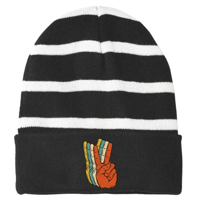 Retro Peace Vintage 60S 70S Hippie Gift Striped Beanie with Solid Band