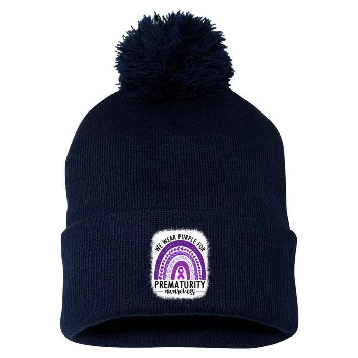 Rainbow Preemie - We Wear Purple for Prematurity Awareness Pom Pom 12in Knit Beanie