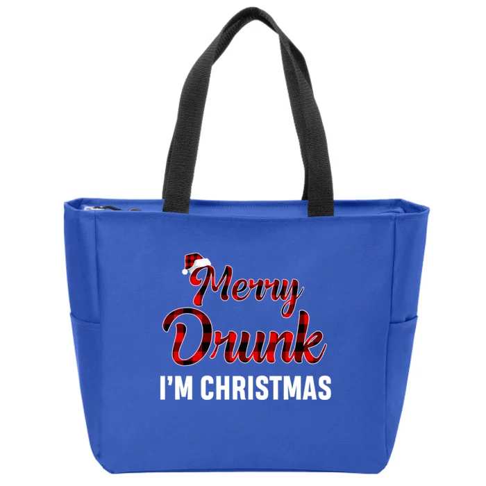 Red Plaid Xmas Ing Wine Merry Drunk IM Christmas Cool Gift Zip Tote Bag