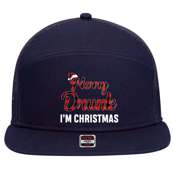 Red Plaid Xmas Ing Wine Merry Drunk IM Christmas Cool Gift 7 Panel Mesh Trucker Snapback Hat