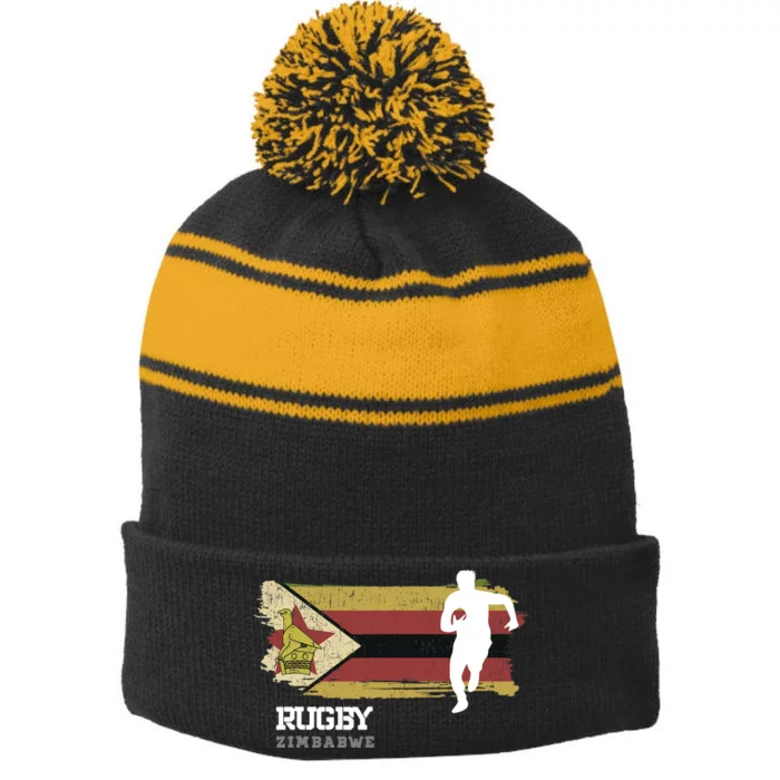 Rugby Player Zimbabwe Flag Sports Ball Rugby Stripe Pom Pom Beanie