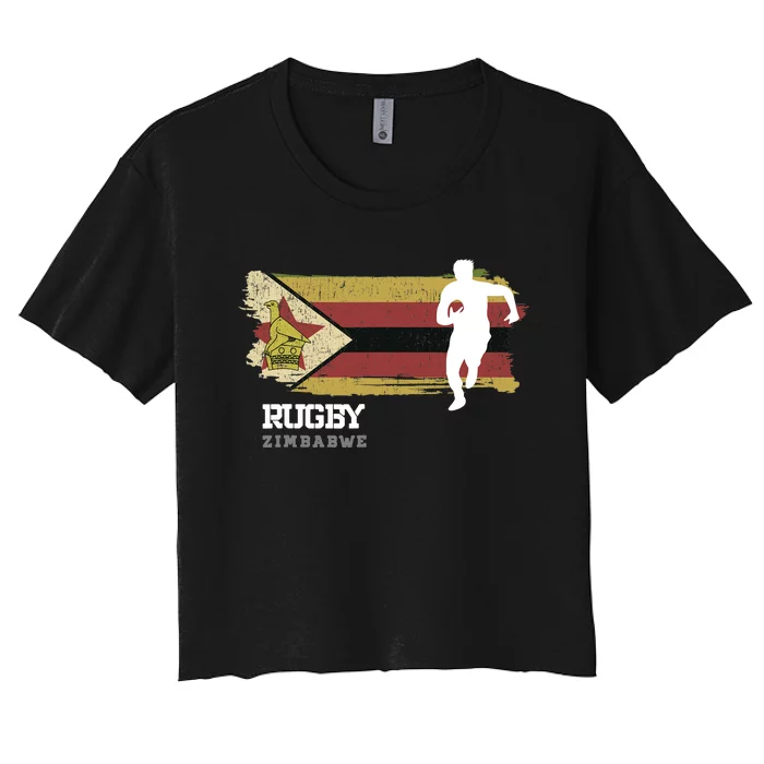 Rugby Player Zimbabwe Flag Sports Ball Rugby Women's Crop Top Tee