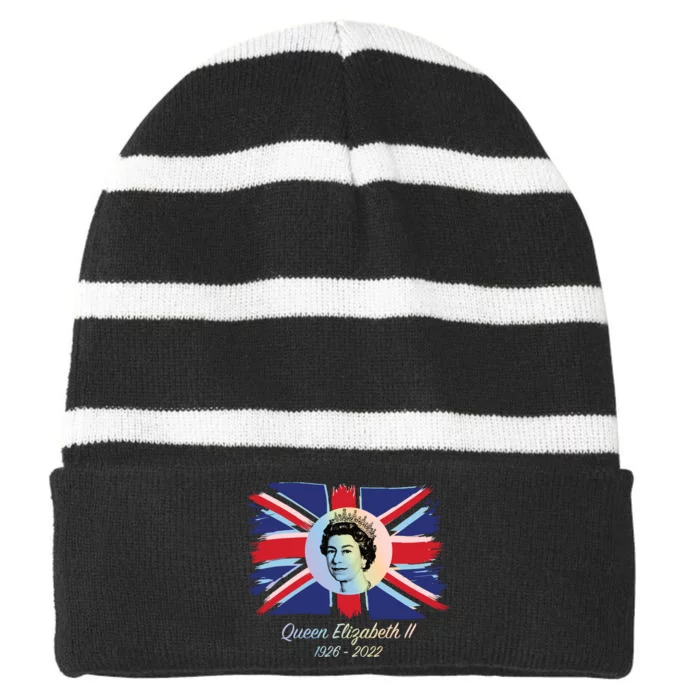 RIP Queen Elizabeth II Tribute UK Flag Colorful Striped Beanie with Solid Band