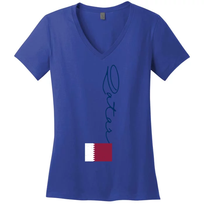 Retro Qatar Patriotic Vintage Pole Flag Gift Women's V-Neck T-Shirt