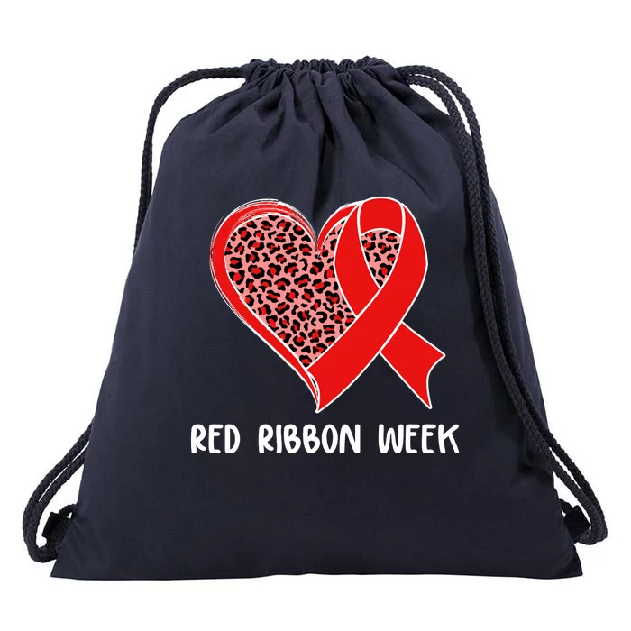 Red Ribbon Awareness Week Leopard Print Heart Drawstring Bag