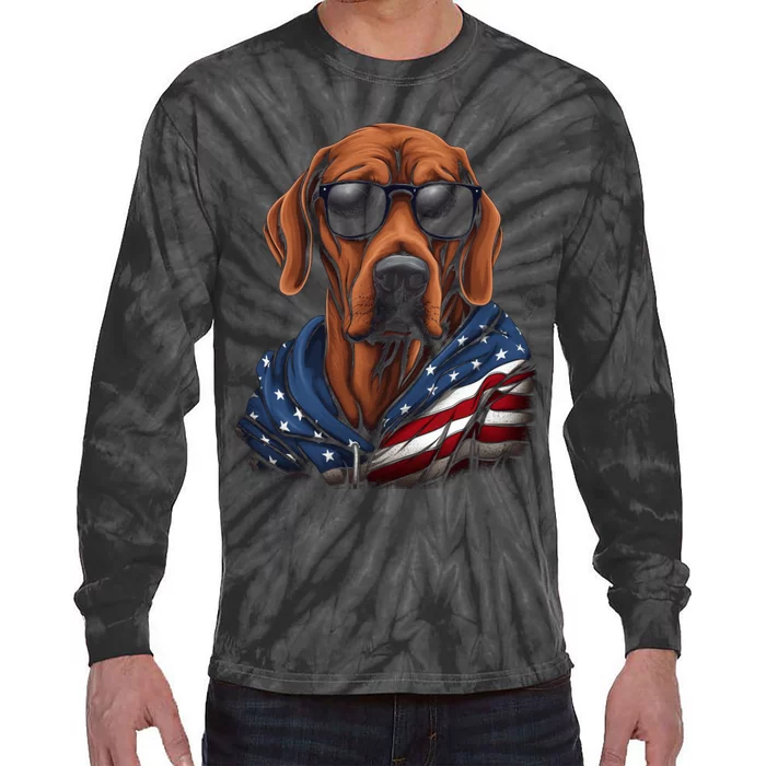 Rhodesian Ridgeback American Flag USA Tee 4th July Gifts Tie-Dye Long Sleeve Shirt