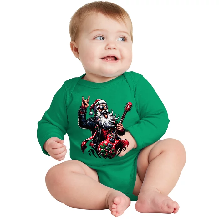 Rock & Roll Christmas Santa Claus Guitar Player Baby Long Sleeve Bodysuit