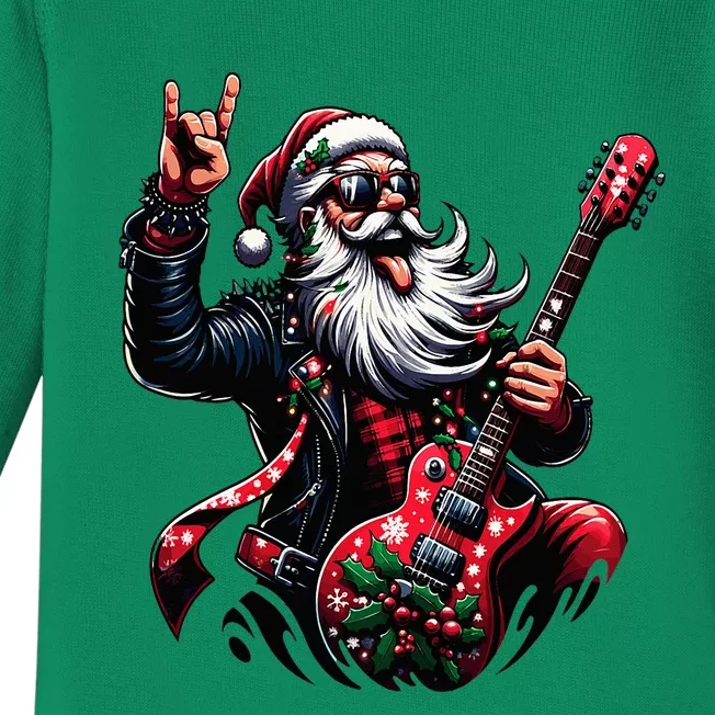 Rock & Roll Christmas Santa Claus Guitar Player Baby Long Sleeve Bodysuit