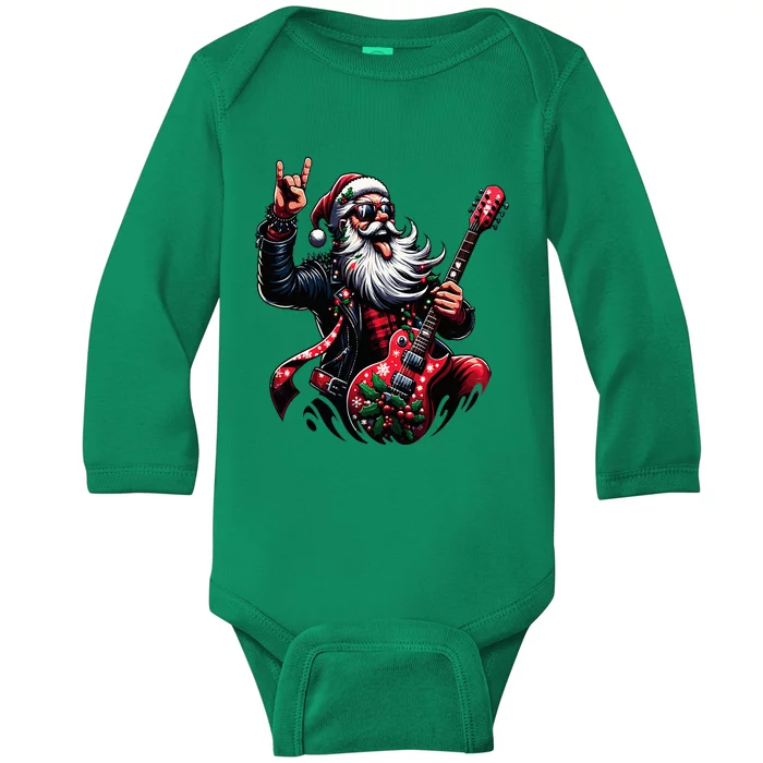 Rock & Roll Christmas Santa Claus Guitar Player Baby Long Sleeve Bodysuit