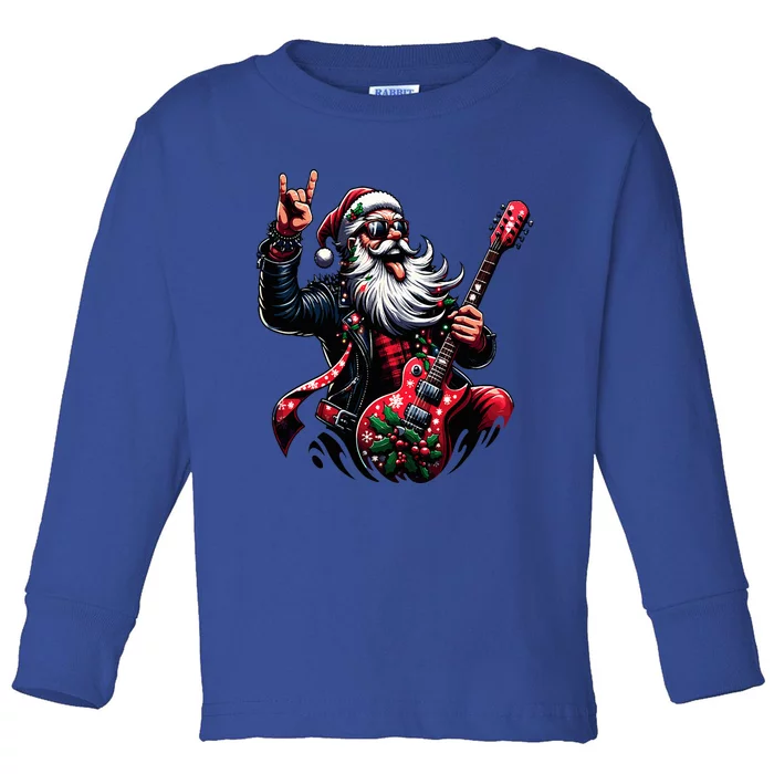 Rock & Roll Christmas Santa Claus Guitar Player Toddler Long Sleeve Shirt