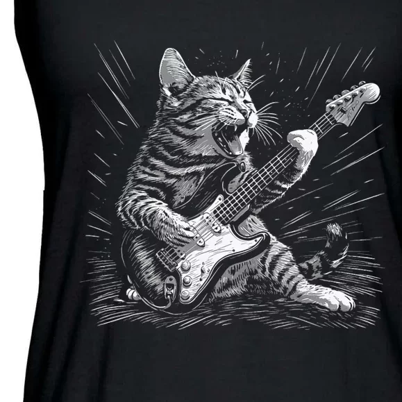 Rock & Roll Cat Playing Guitar Funny Cats Guitarist Music Ladies Essential Flowy Tank