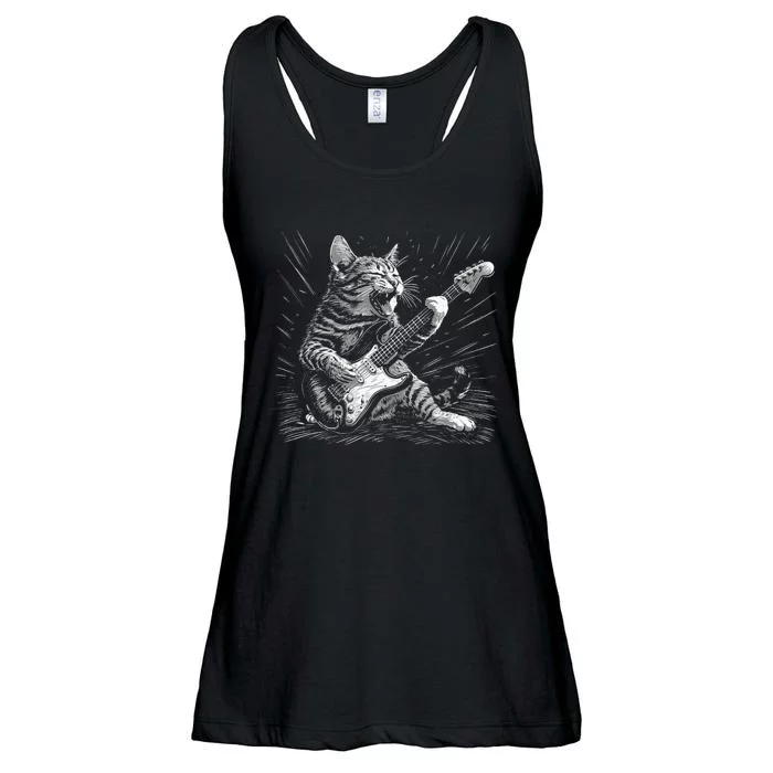 Rock & Roll Cat Playing Guitar Funny Cats Guitarist Music Ladies Essential Flowy Tank