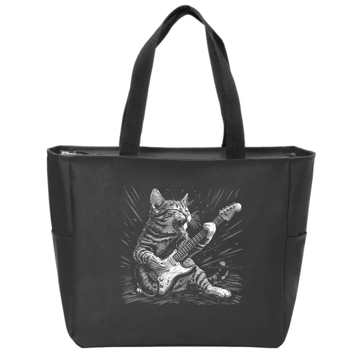 Rock & Roll Cat Playing Guitar Funny Cats Guitarist Music Zip Tote Bag