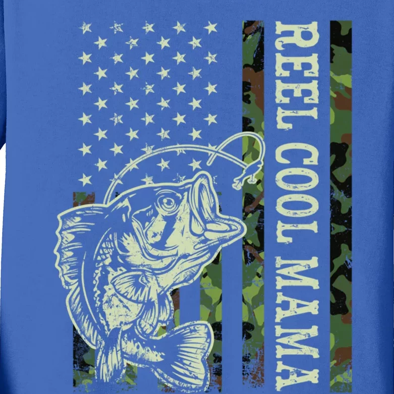 Retro Reel Cool Mama Camouflage Usa Flag Fishing Gift Kids Long Sleeve Shirt