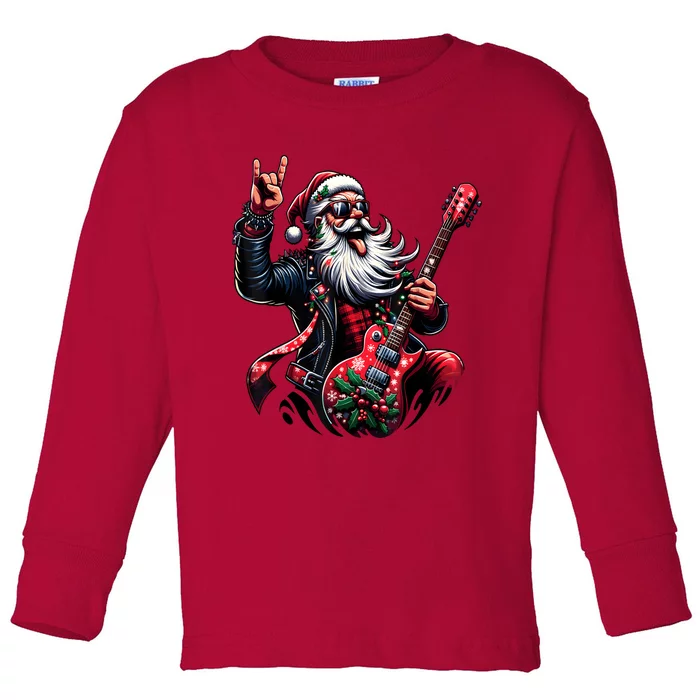 Rock & Roll Christmas Santa Claus Guitar Player Toddler Long Sleeve Shirt