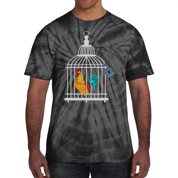 Red Rooster Cock Male Chastity Chicken In Cage Tie-Dye T-Shirt