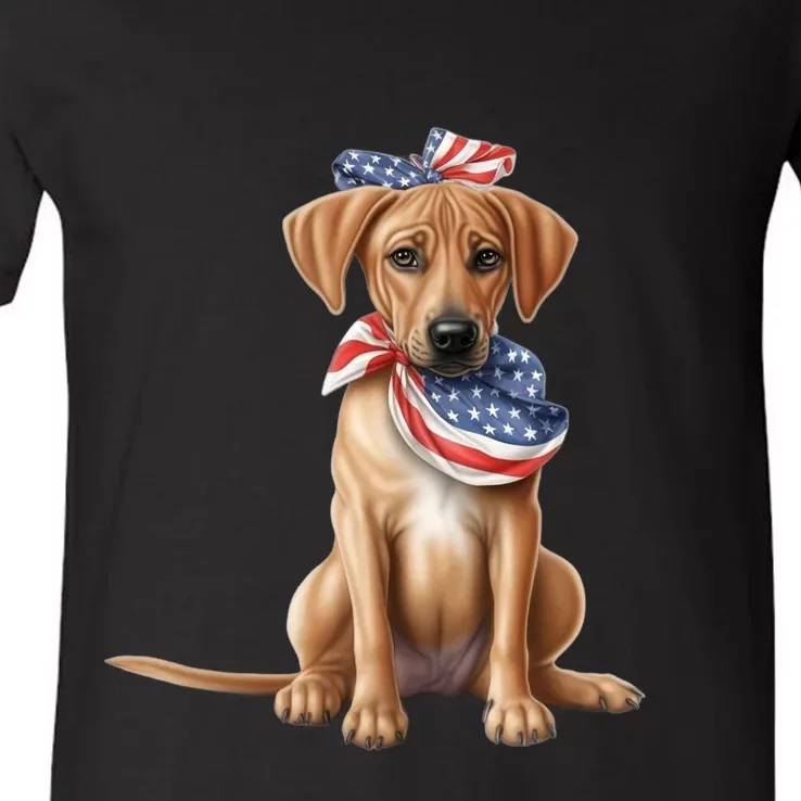 Rhodesian Ridgeback Dog Puppy USA Flag Cute American Dogs V-Neck T-Shirt