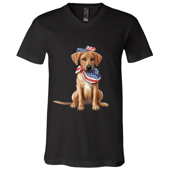 Rhodesian Ridgeback Dog Puppy USA Flag Cute American Dogs V-Neck T-Shirt