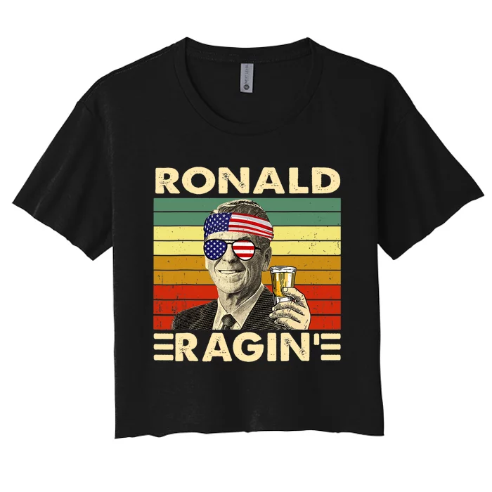 Ronald Ragin Drinking President Vintage Retro American Flag Women's Crop Top Tee