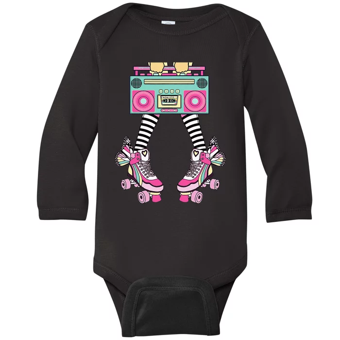 Retro Rollerskates Funny 80S Roller Disco Skating Girl Baby Long Sleeve Bodysuit