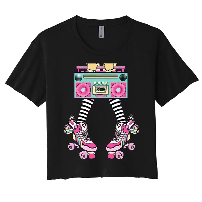 Retro Rollerskates Funny 80S Roller Disco Skating Girl Women's Crop Top Tee