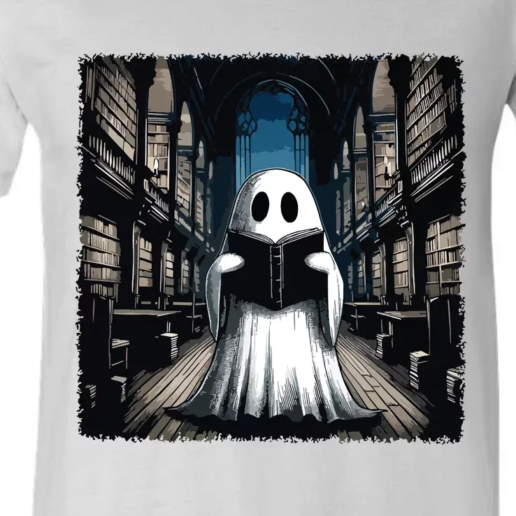 Retro Reading Ghost Library Halloween Librarian Book Lovers V-Neck T-Shirt