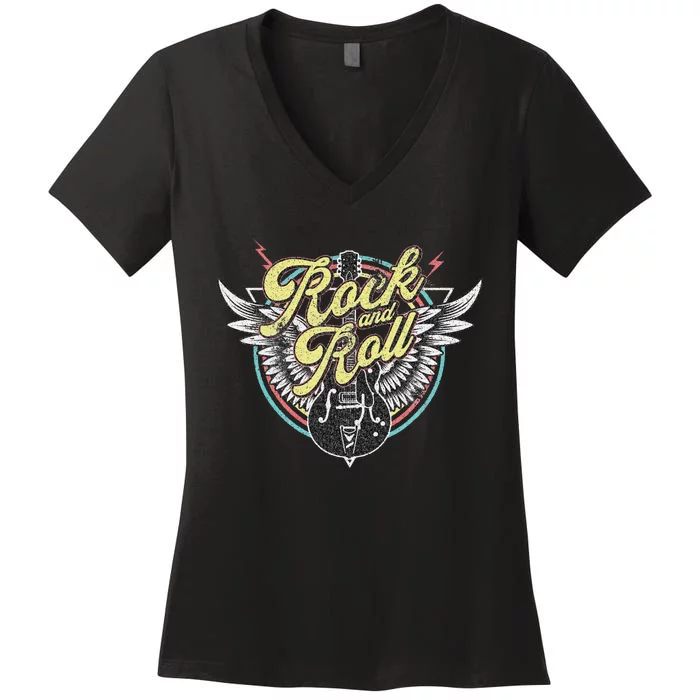 Rock & Roll Guitar Wings Music Classic Retro Vintage Women's V-Neck T-Shirt