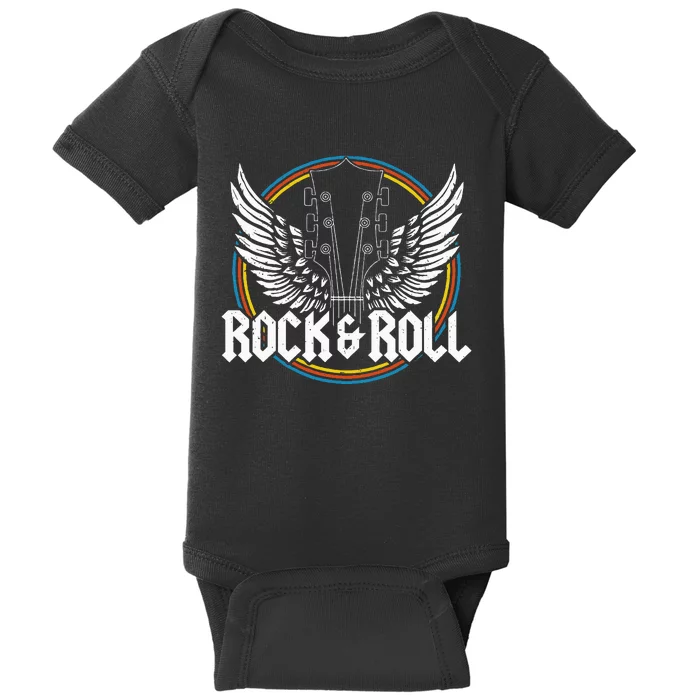 retro Roll Guitar Wings Music Concert Band Baby Bodysuit