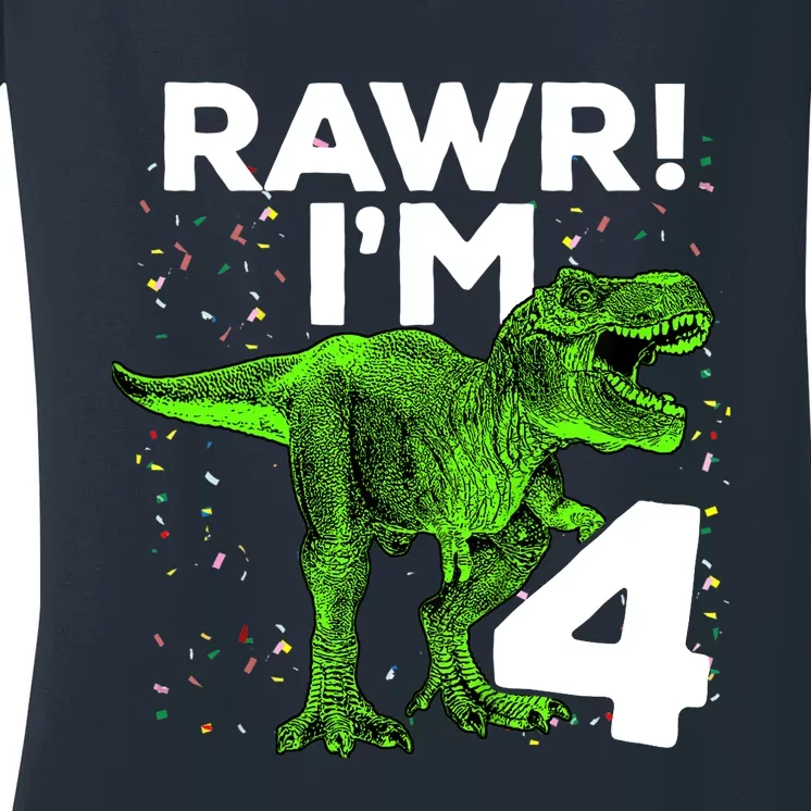 Roar Rawr I'm Four 4 T Rex Dinosaur Birthday for Boy Women's V-Neck T-Shirt