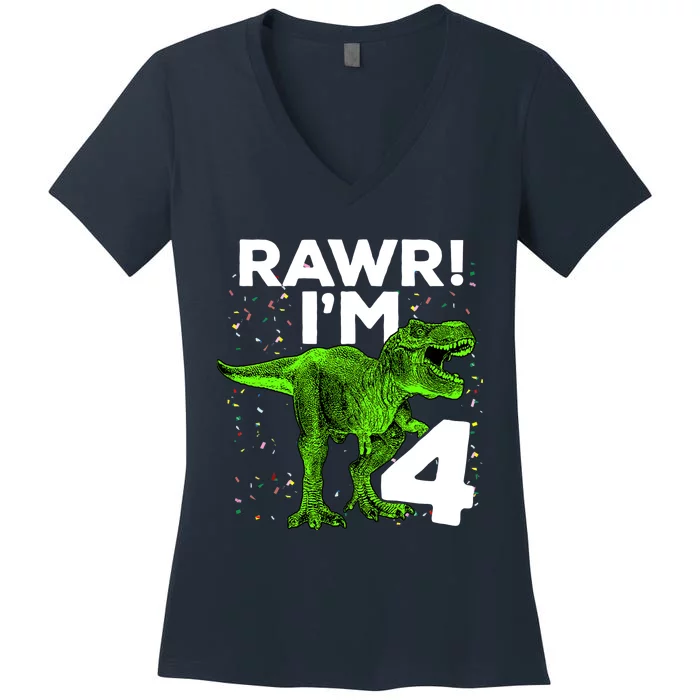 Roar Rawr I'm Four 4 T Rex Dinosaur Birthday for Boy Women's V-Neck T-Shirt