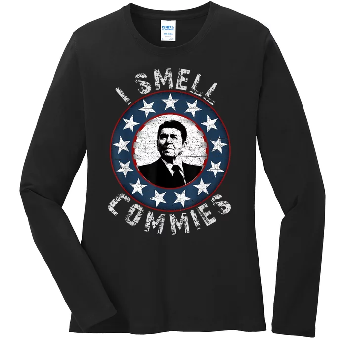 Ronald Reagan I Smell Commies Retro Vintage Political Humor Ladies Long Sleeve Shirt