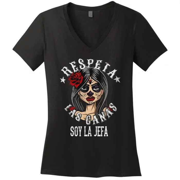 Retro Respeta Las Canas La Jefa Funny Spanish Gift For Halloween Women's V-Neck T-Shirt