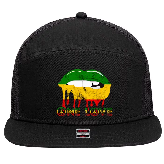 Rasta Reggae Lips Mouth Jamaican Music Kissing One Love 7 Panel Mesh Trucker Snapback Hat