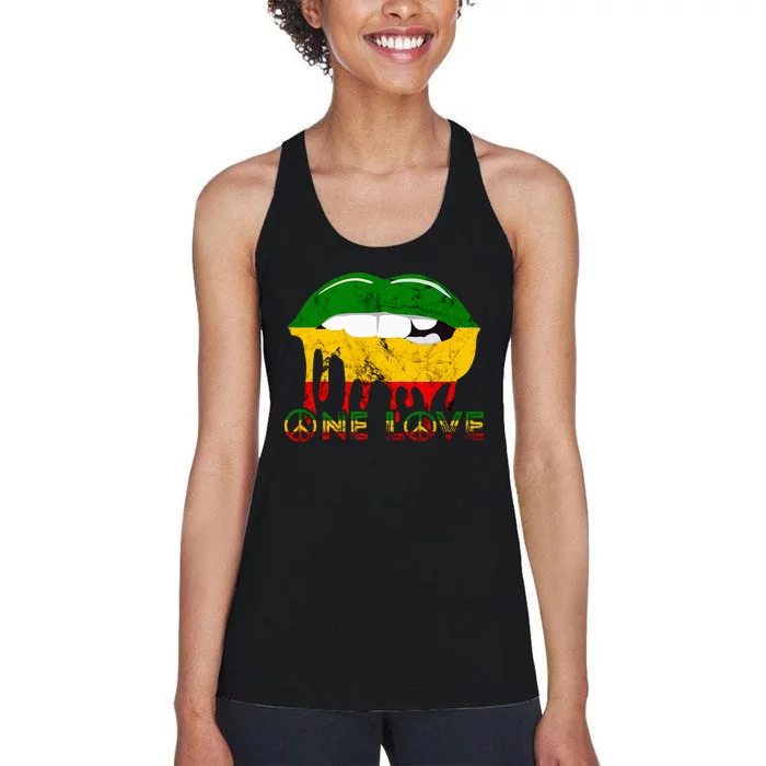 Rasta Reggae Lips Mouth Jamaican Music Kissing One Love Women's Racerback Tank