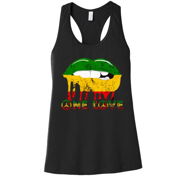 Rasta Reggae Lips Mouth Jamaican Music Kissing One Love Women's Racerback Tank