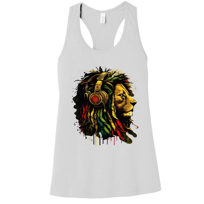 Rasta Reggae Music Headphones Jamaican Pride Lion Of Judah Women's Racerback Tank