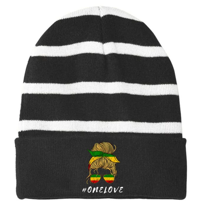 Rasta Reggae Music One Love Messy Bun Hair Jamaica Rastafari Striped Beanie with Solid Band