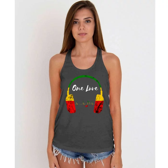 Rasta Reggae Music Headphones Jamaican Pride One Love Women's Knotted Racerback Tank