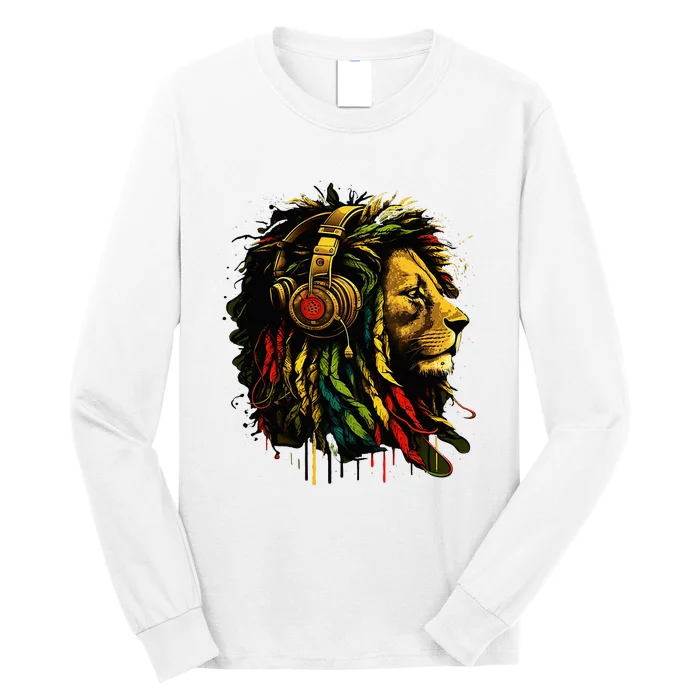 Rasta Reggae Music Headphones Jamaican Pride Lion Of Judah Long Sleeve Shirt