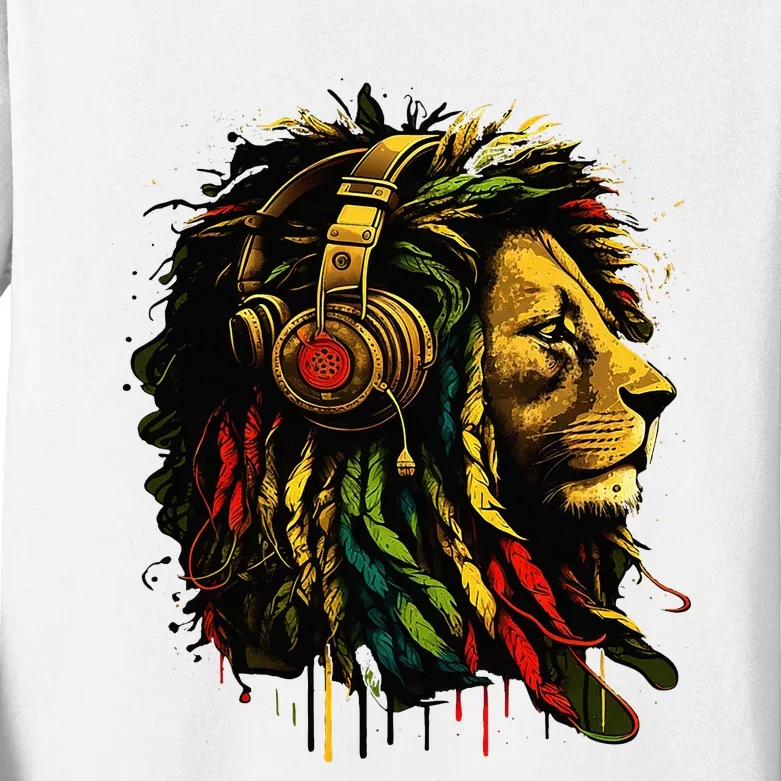 Rasta Reggae Music Headphones Jamaican Pride Lion Of Judah Kids Long Sleeve Shirt