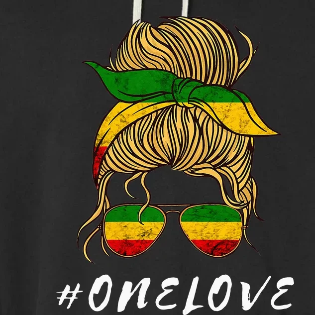 Rasta Reggae Music One Love Messy Bun Hair Jamaica Rastafari Garment-Dyed Fleece Hoodie